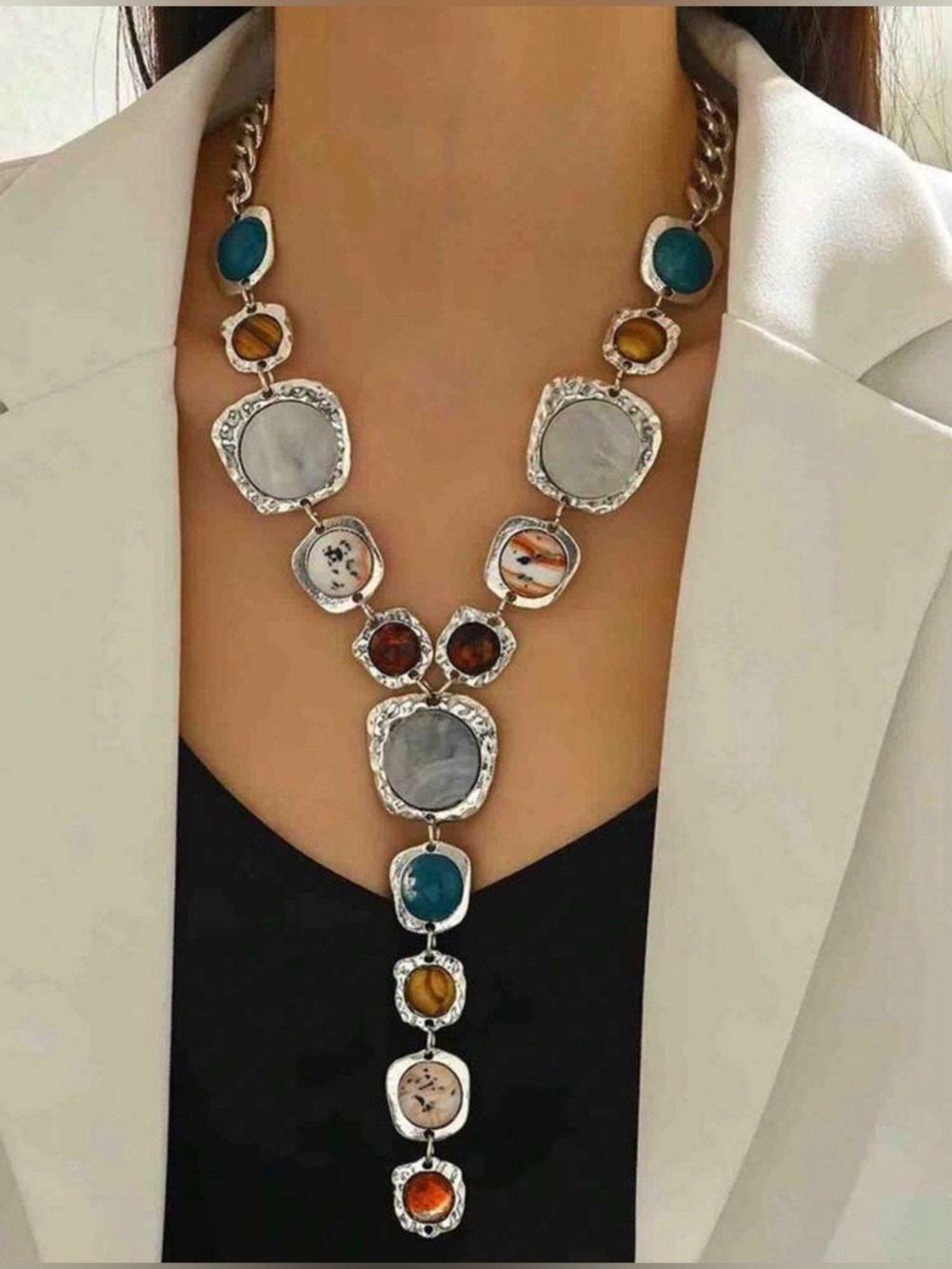 Statement Silver-Tone Multi-Stone Pendant Necklace